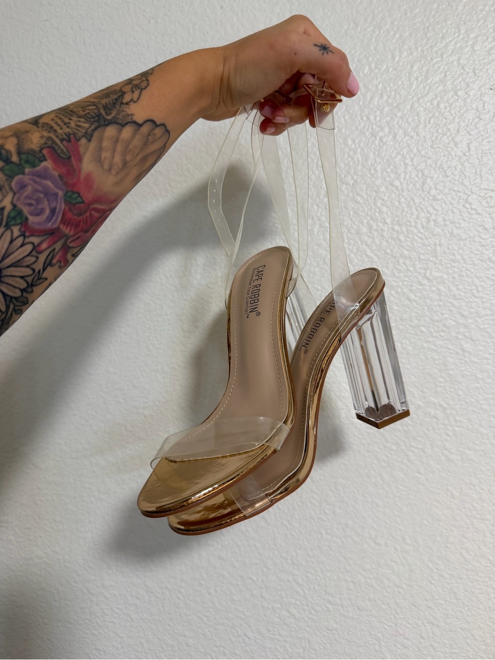 Cape Robbin Clear Strap Gold Platform Block Heels